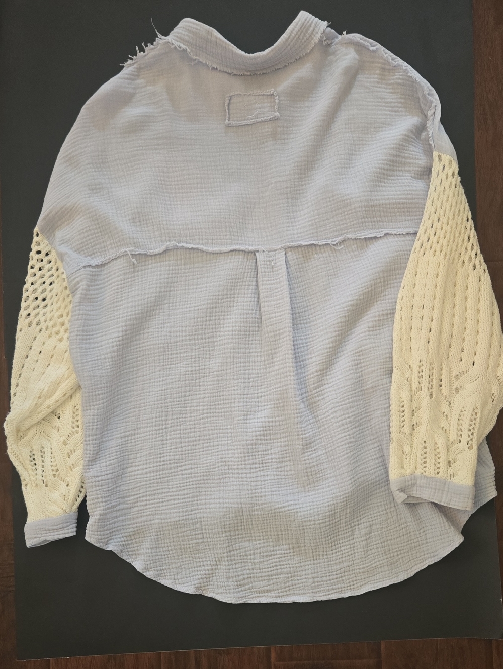 POL Boho Baby Blue Gauze Button-Front With Cream Knit Sleeves - Picture 7 of 7